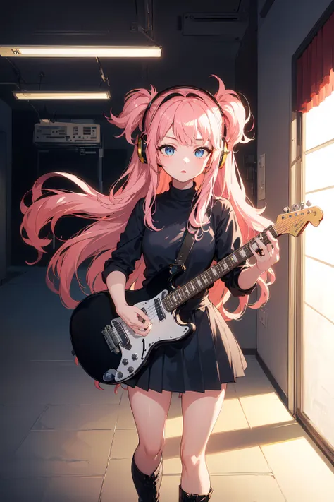 1girl, ((cinematic light)), colorful, hyper detail, dramatic light, intricate details, best quality, (extremely detailed CG unity 8k wallpaper, masterpiece, best quality, ultra-detailed, best shadow), (detailed background:1.4), (beautiful detailed face, beautiful detailed eyes), High contrast, (best illumination, an extremely delicate and beautiful),(girl:1.5), solo, black skirt, blue eyes, electric guitar, guitar, headphones, holding, holding plectrum, instrument, long hair, music, one side up, pink hair, playing guiter, pleated skirt, black shirt, indoors ((caustic)), dynamic angle,beautiful detailed glow,full body, cowboy shot,