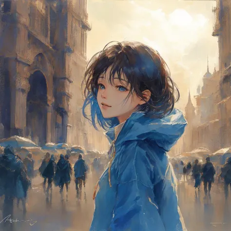 (best quality,masterpeace),(colorful), beautiful eyes,beautiful face,  model shot,  (head held up to the sky:1.1),
(1girl),wear old hoodie,ash colored hair, disheveled short haircut , cute smile,  simple background, 
,cinematic lighting,(dark theme:1.3),  <lora:Colorwater_v4:0.6> , <lora:graphicNovelStyle_v1Bright:0.6>