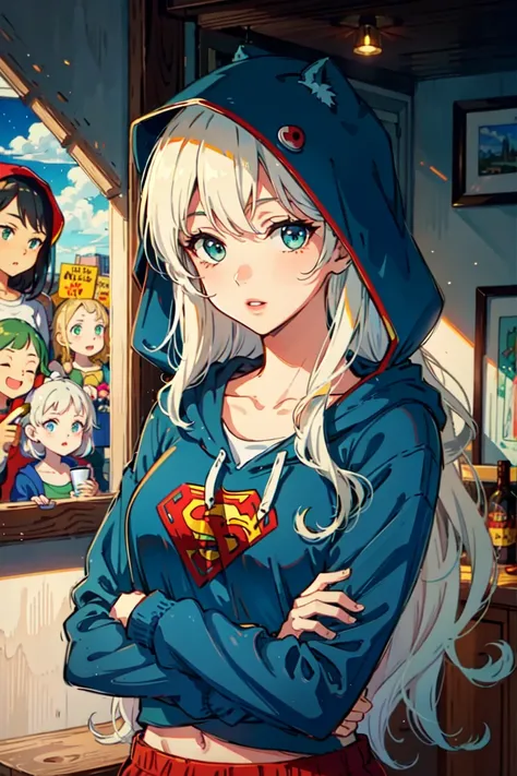 Generate a breathtaking, highly detailed illustration, (  wearing  Fuzzy hooded sweatshirt joggers ), Superwoman, Tall, Lean, Heart-Shaped Face, Fair Skin, Platinum Blonde Hair, aquamarine Eyes, Narrow Nose, Full Lips, Round Chin, Shoulder-Length Hair, Straight Hair, Long Wavy Hair, natural breasts, , green metallic lipstick, cubism oil painting, humorous, Comic, <lora:epiNoiseoffset_v2:2> ,