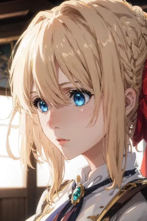 violet_evergarden, highres, highest quallity, illustration, cinematic light, ultra detailed, detailed face, (detailed eyes), best quality, hyper detailed, masterpiece, (detailed face),1girl, blonde hair, blue eyes, highest details, luminous eyes, medium breasts,backlighting, light rays, (high contrast), (colorful), ribbon, jewellery, jacket, dress, gem, hair_ribbon
<lora:violetEvergarden_v10:0.7>