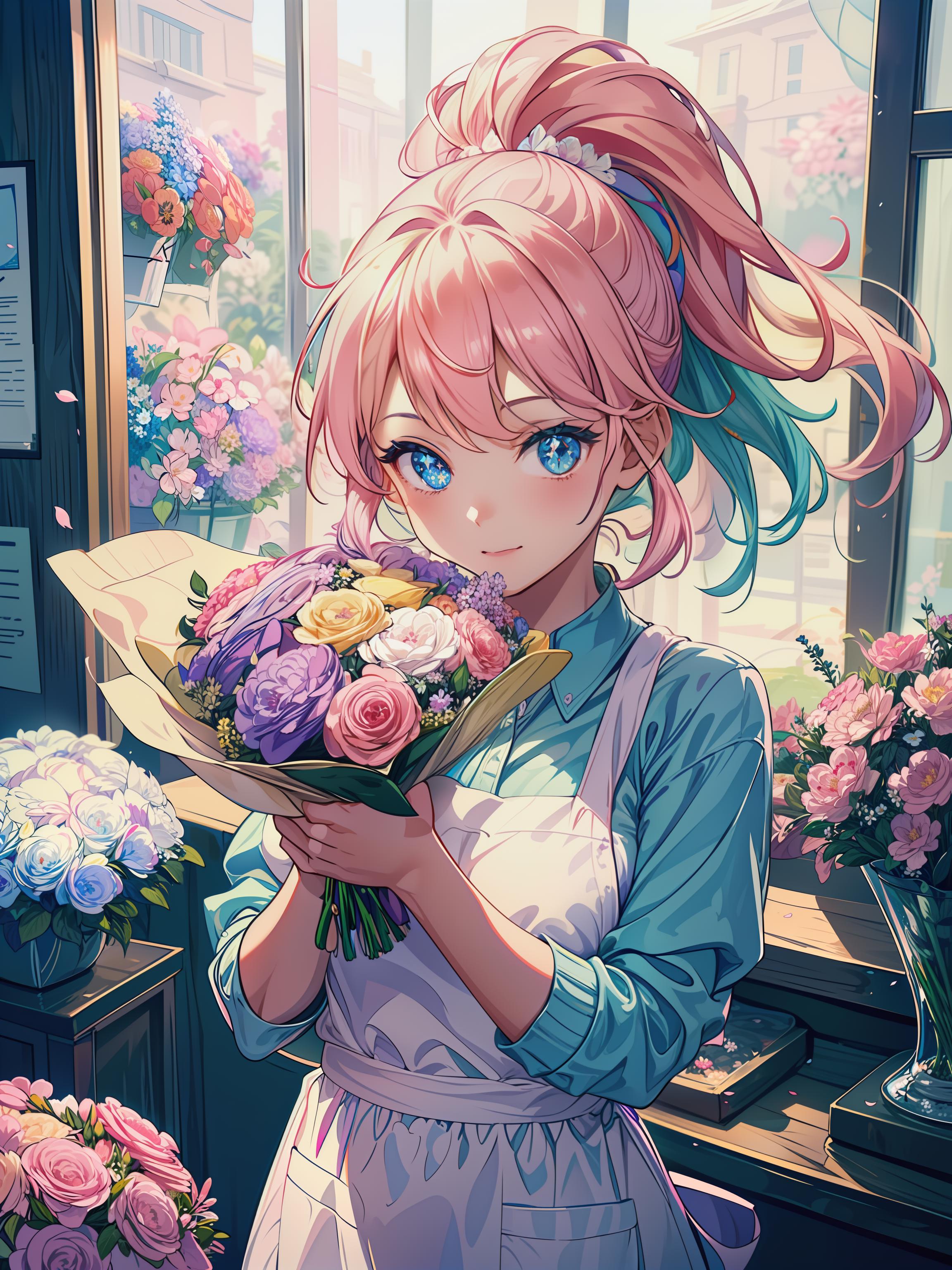 Anime girl with pink hair holding a bouquet of flowers - SeaArt AI