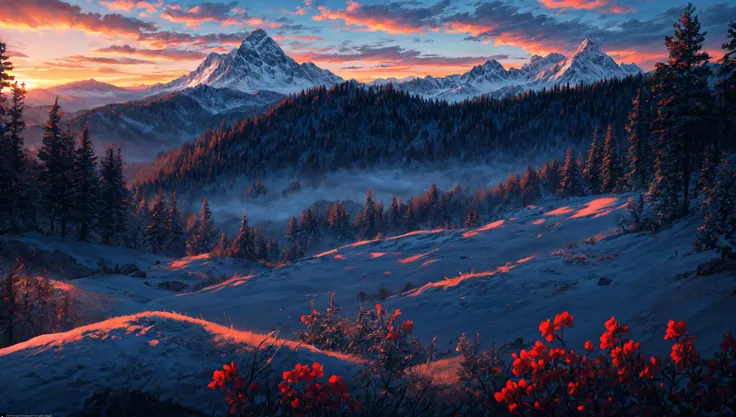 ((masterpiece:1.4,best quality)), cloud, outdoors
(mountains), spring glade, scenery, sky, winter,
(early morning:1.4),morning red, high detail, abundant, 8k, high detail, wallpaper,
<lora:more_details:1.5>