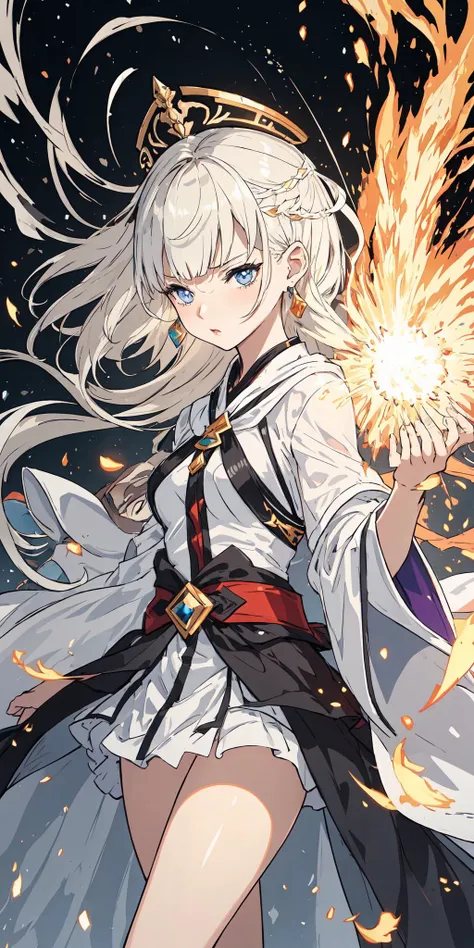 Captivating, Harbinger of dawn, dressed in shimmering robes with a radiant halo, Charmer, Short, Thin, Triangular Face, Fair Skin, Platinum Blonde Hair, grey-blue Eyes, Short Nose, Pouty Lips, Receding Chin, Long Hair, Thick Hair, Blunt Cut Bangs, small breasts, Clip-on earrings, grape cream lipstick, A massive explosion erupts with a deafening roar, sending shockwaves through the air, <lora:epiNoiseoffset_v2Pynoise:2>