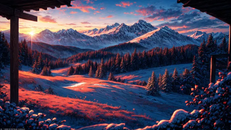 ((masterpiece:1.4,best quality)), cloud, outdoors
(mountains), spring glade, scenery, sky, winter,
(early morning:1.4),morning red, high detail, abundant, 8k, high detail, wallpaper,
<lora:more_details:1.5>