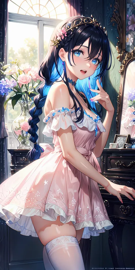 (gorgeous antique furniture background), kawaii cute 1girl dancing, solo, close up, mysterious, vivid color, (glitters, fluorescence flowers in vase, luminous flowers blooming), 
(glowing light blue eyes), detailed dreamy stars pupils, (delicate blue hair, messy hair, very long hair, French braid, hair between eyes), black headband, light smile, open mouth, 
[[delicate fingers and hands:0.55]::0.85], (detailed fingers), detailed beautiful skin, off-shoulder shining fluffy (pink dress:1.3), frills, floral print, thigh highs, 
dynamic angle, dynamic actions, touch lips, volumetric lighting, beautiful lighting, (dim lighting), 
(classical private room, dressing table, old books, French window in morning, park view outside the window), pictures on wall, clock, fruits basket, 
(masterpiece, best quality, high resolution, absurdres, intricate details:1.3), illustration, lens perspective, fantasy, feminine, 
hyper detailed, highly detailed, ultra detailed, small details, trending on artstation, award-winning, good anatomy, <lora:flatBG:-1.3>