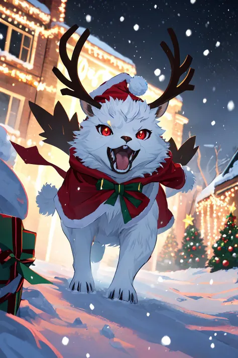 A majestic tiny raging reindeer, reminiscent of a pokemon, adorned with a santa hat, its shiny antlers radiating in a rage. The scene unfolds against the backdrop of falling snow, accompanied by a vivid display of Christmas lights, showcasing a monstrous creature with fuming presence, featuring intense red eyes that glow, zhibi, <lora:ral-zhibi:1>