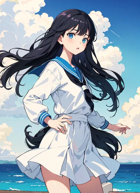 masterpiece, best quality, flat color, limited palette, low contrast, 1girl, sailor uniform, long straight black hair, morning glory, (white, blue), on a boat