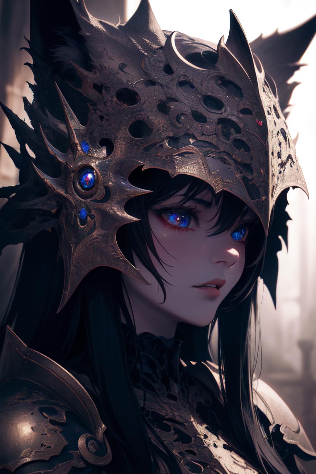 A close up of a woman wearing a helmet with blue eyes - SeaArt AI