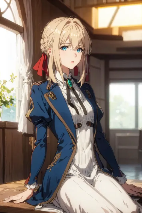 violet_evergarden, highres, highest quallity, illustration, cinematic light, ultra detailed, detailed face, (detailed eyes), best quality, hyper detailed, masterpiece, (detailed face),1girl, blonde hair, blue eyes, highest details, luminous eyes, medium breasts,backlighting, light rays, (high contrast), (colorful), ribbon, jewellery, jacket, dress, gem, hair_ribbon, sitting, full body, <lora:violetEvergarden_v10:0.7>