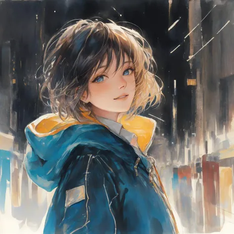 (best quality,masterpeace),(colorful), beautiful eyes,beautiful face, model shot, Head held up to the sky
(1girl),wear old hoodie,ash colored hair, disheveled short haircut , cute smile, simple background,
,cinematic lighting,(dark theme:1.3), <lora:Colorwater_v4:0.5> ,<lora:graphicNovelStyle_v10:0.6>