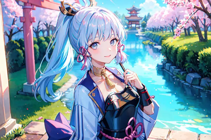 masterpiece, best quality, (soft lighting) , absurdres, looking at viewer, solo ,luminous eyes, backlighting, light rays, medium breast, (colorful), kamisato ayaka (flawless radiance), kamisato ayaka, official costume, ponytail, kote, kusazuri, blunt bangs, hair ribbon, red ribbon, japanese armor, grey eyes, light blue hair, mole under eye, looking at viewer , seductive smile, relaxing in house at afternoon , torii , sakura