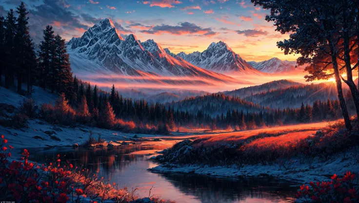 ((masterpiece:1.4,best quality)), cloud, outdoors
(mountains), spring glade, scenery, sky, winter,
(early morning:1.4),morning red, high detail, abundant, 8k, high detail, wallpaper,
<lora:more_details:1.5>