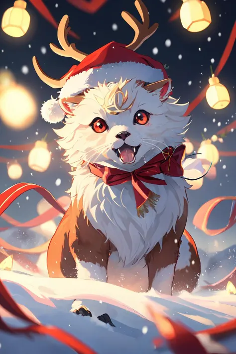 A majestic tiny raging reindeer, reminiscent of a pokemon, adorned with a santa hat, its shiny antlers radiating in a rage. The scene unfolds against the backdrop of falling snow, accompanied by a vivid display of Christmas lights, showcasing a monstrous creature with fuming presence, featuring intense red eyes that illuminate, zhibi, <lora:ral-zhibi:1>