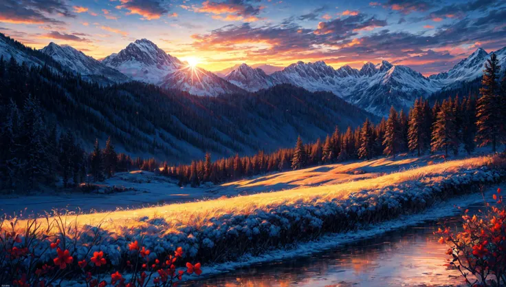 ((masterpiece:1.4,best quality)), cloud, outdoors
(mountains), spring glade, scenery, sky, winter,
(early morning:1.4),morning red, high detail, abundant, 8k, high detail, wallpaper,
<lora:more_details:1.5>