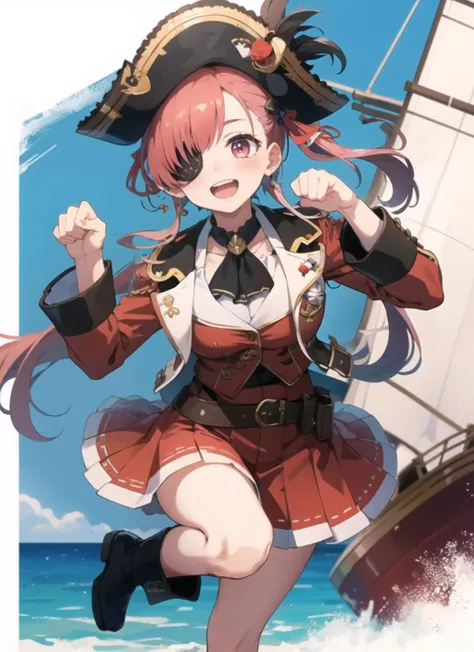1girl,(pirate:1),houshou marine,eyepatch,ship, (masterpiece, high quality:1.2), looking at viewer,paw pose, embarrassed, smile,open mouth, blush,ahoy bba