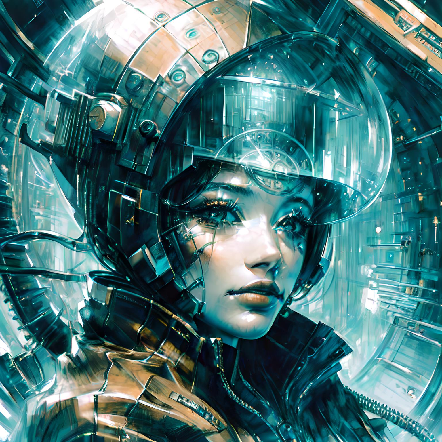 A close up of a woman in a futuristic helmet with a sci - fiore - SeaArt AI