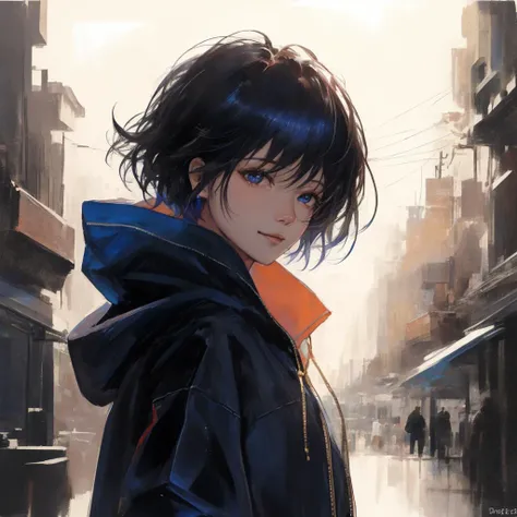 (best quality,masterpeace),(colorful), beautiful eyes,beautiful face, model shot,
(1girl),wear old hoodie,black hair, disheveled short haircut , cute smile, simple background,
,dim lighting,(dark theme:1.3), <lora:Colorwater_v4:0.4> ,<lora:graphicNovelStyle_v10:0.5>