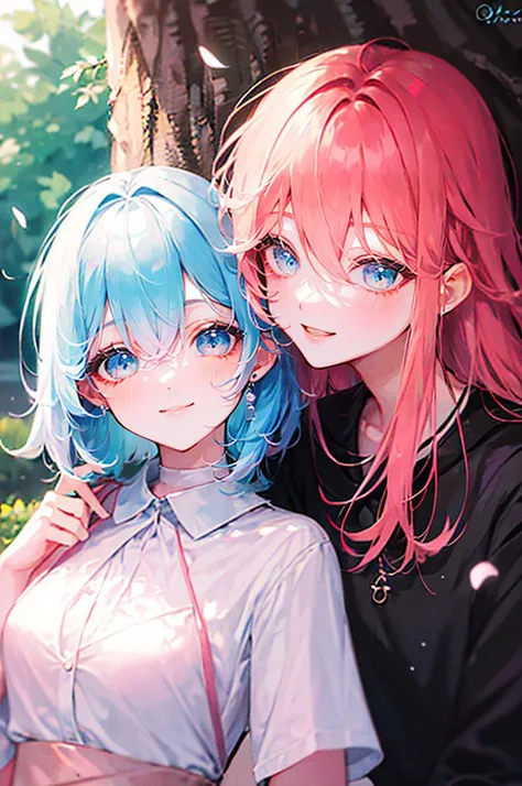 head on shoulder, 2girls, smiling, pink hair, blue hair, pastels, outdoors, bokeh, sunlight, <lora:Head_on_Shoulder_v1:1>