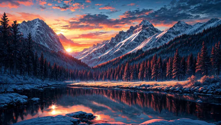 ((masterpiece:1.4,best quality)), cloud, outdoors
(mountains), spring glade, scenery, sky, winter,
(early morning:1.4),morning red, high detail, abundant, 8k, high detail, wallpaper,
<lora:more_details:1.5>