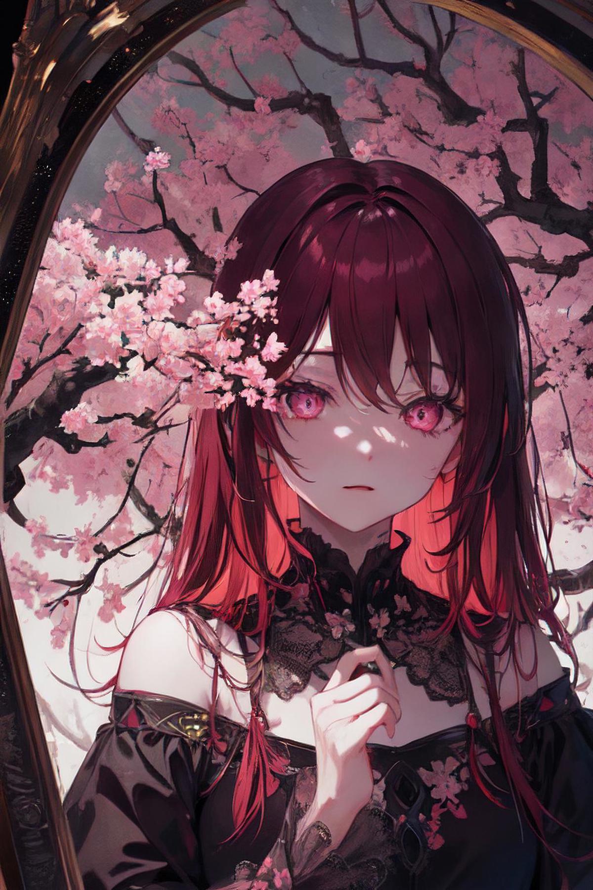 A woman with red hair and a black dress is looking at a mirror - SeaArt AI