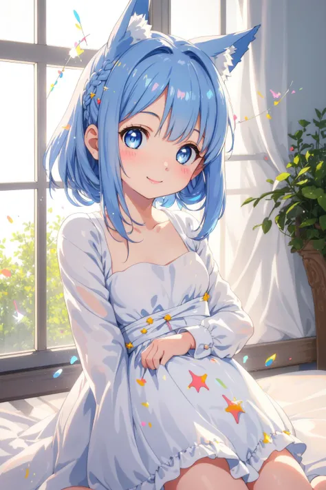 (masterpiece, best quality),a girl,solo,shy,a close up of a person with blue eyes,((blue hair)), animal ear fluff, very cute,white silk dress,hair bow,naive, aliased, resin,light smile,warm lighting,((Sunlight sprinkles on the hair)),((((baby face)))),((baby)), a round face,(small breasts),against window,sex,