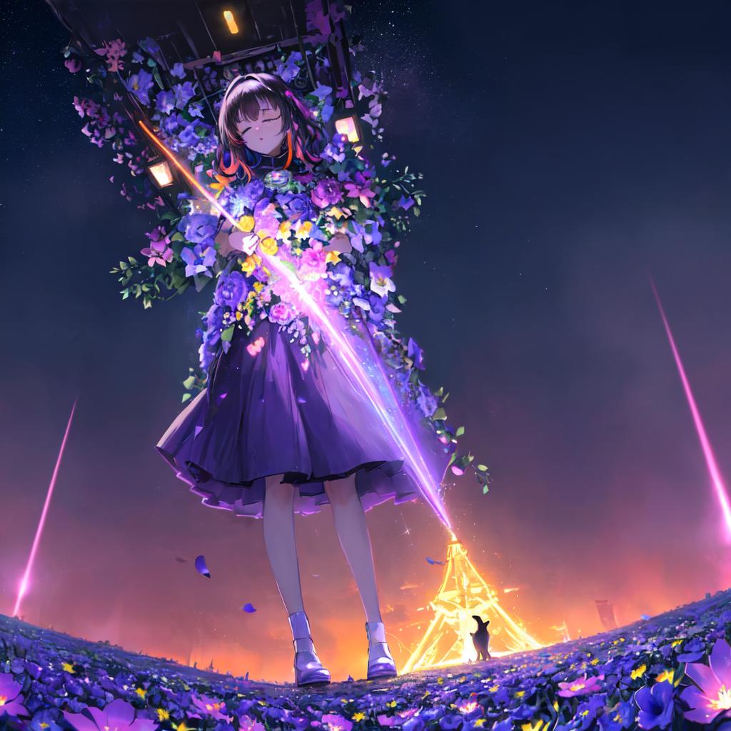 A woman in a purple dress standing in a field of flowers - SeaArt AI