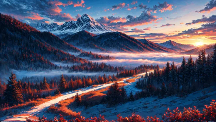 ((masterpiece:1.4,best quality)), cloud, outdoors
(mountains), spring glade, scenery, sky, winter,
(early morning:1.4),morning red, high detail, abundant, 8k, high detail, wallpaper,
<lora:more_details:1.5>