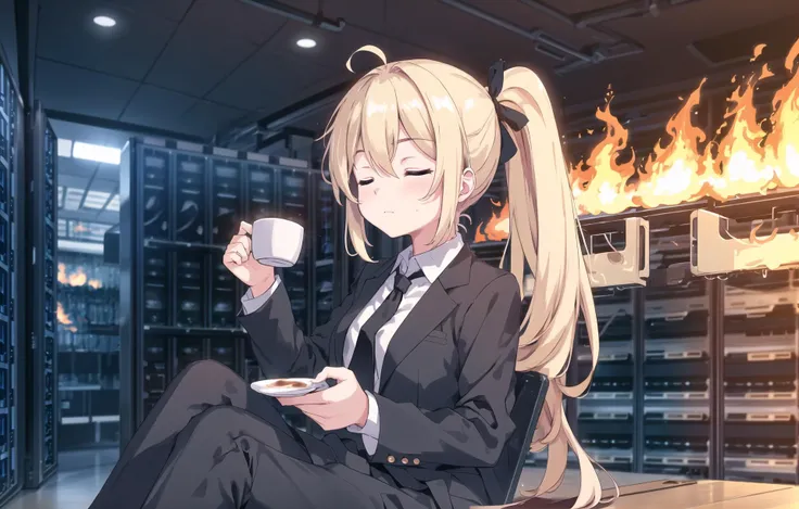 highres, blonde hair, indoors, bokeh, indoors,( servers, server room:1.4), glass, (fire:1.2), (buring:1.2), ahoge, black necktie, purple eyes, formal, small breasts, necktie, 1girl, suit, eyebrows visible through hair, shirt, bangs, closed eyes, drinking, coffee mug, long hair, hair between eyes, black pants, ponytail, pant suit, black jacket, pants, jacket, low ponytail, sitting, long sleeves, sidelocks,