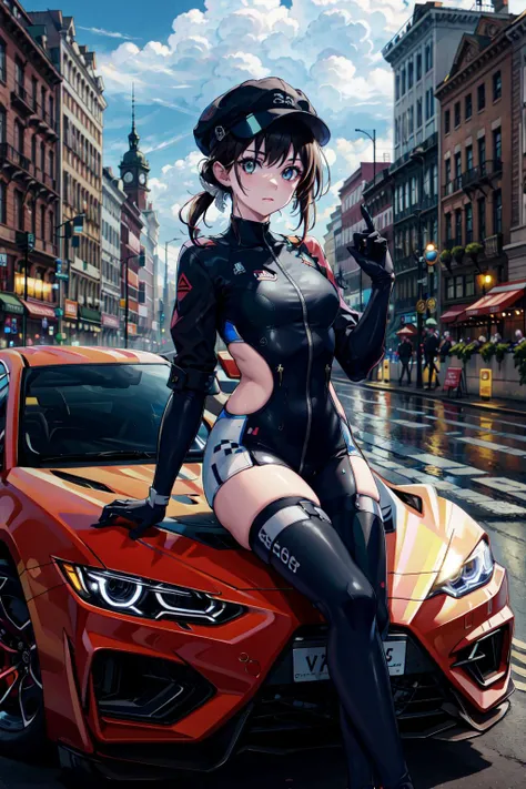 absurdres, best quality, 1girl, solo, looking at viewer, eye focus, <lyco:GoodHands-beta2:1.0>, <lora:RQueen:0.8>, RQueen, WCar, (sports car:0.2), (race queen:0.2),