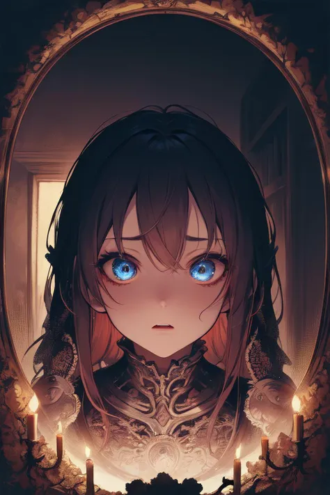 intricate details,anime poster, ((masterpiece,best quality)), ((cinematic light)), girl,scary in mirror, scary,horror anime \(style\), detailed armor, detailed background, beautiful detailed eyes,