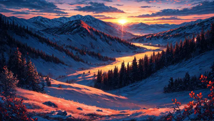 ((masterpiece:1.4,best quality)), cloud,  outdoors
(mountains), spring glade, scenery, sky, winter, 
(early morning:1.4),morning red, high detail, abundant, 8k, high detail, wallpaper,
<lora:more_details:1.5>