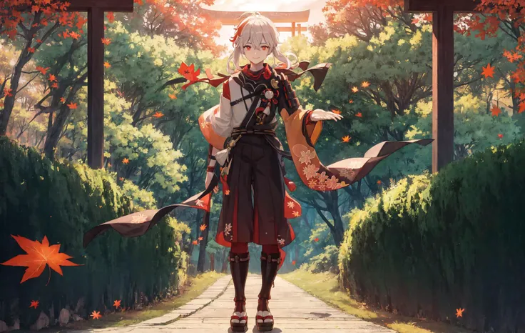 masterpiece, best quality, game cg, 1boy, male focus, eye focus, beautiful eyes, red eyes, floating hair, floating maple leaf, light particles, cloudy sky, orange sky, wind, bamboo, forest, autumn, full body, temple, japanese bridge, japanese forest, sunset, looking at viewer, standing, cloud, bird, reaching out, light smile <lora:kazuhaOfficialCostumeGenshin_v10:1.0>, detailed background