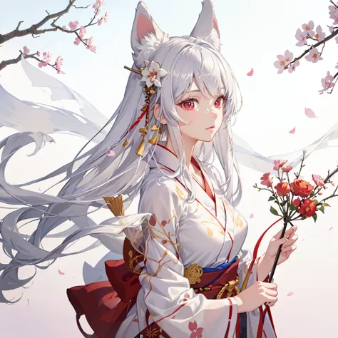 (masterpiece:1.2, best quality), (finely detailed beautiful eyes: 1.2), ((1girl)), ((solo)), (red eyes:1.4), (finely detailed eyes and detailed face:1.3), (beautiful and clear background:1.2), (extremely detailed CG, ultra-detailed, best shadow:1.1), ((depth of field)), ((watercolor)), (Kitsune Mask:1.2), (yukata:1.3), medium breasts, bare shoulders, holding katana, sakura and petals, beautiful concept illustration, (wind background:0.5), (illustration:1.1), (extremely fine and beautiful:1.1), (perfect details:1.1), from side