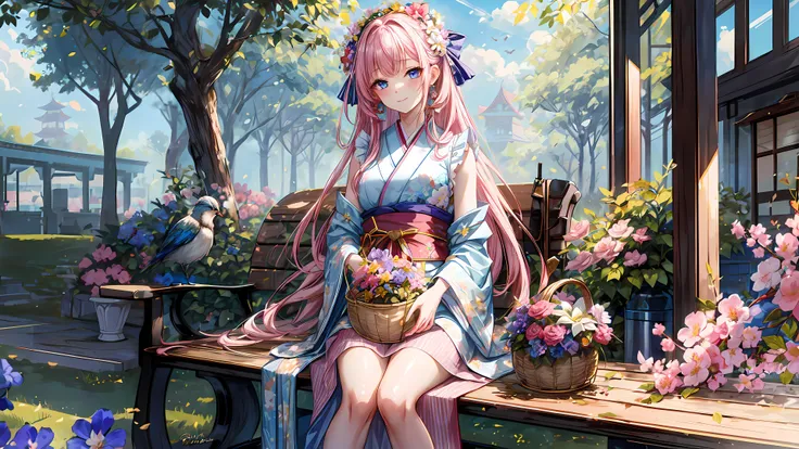 1girl, flower, long hair, pink hair, blue eyes, bench, sitting, outdoors, tree, solo, japanese clothes, kimono, hair ornament, bird, hair flower, looking at viewer, smile, blue flower, day, sash, bangs, very long hair, pink flower, closed mouth, blue kimono, obi, blush, breasts, wide sleeves, long sleeves, sky, holding, head tilt, basket, plant, purple flower, cloud, detached sleeves, feet out of frame, floral print