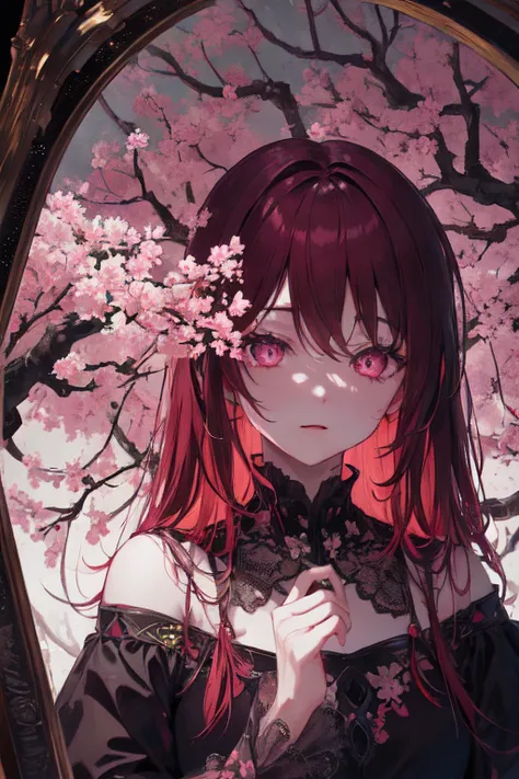 intricate details,anime poster, ((masterpiece,best quality)), ((cinematic light)), demon in mirror, scary,horror anime \(style\), cherry blossom tree,gloomy atmosphere,detailed background, beautiful detailed eyes,