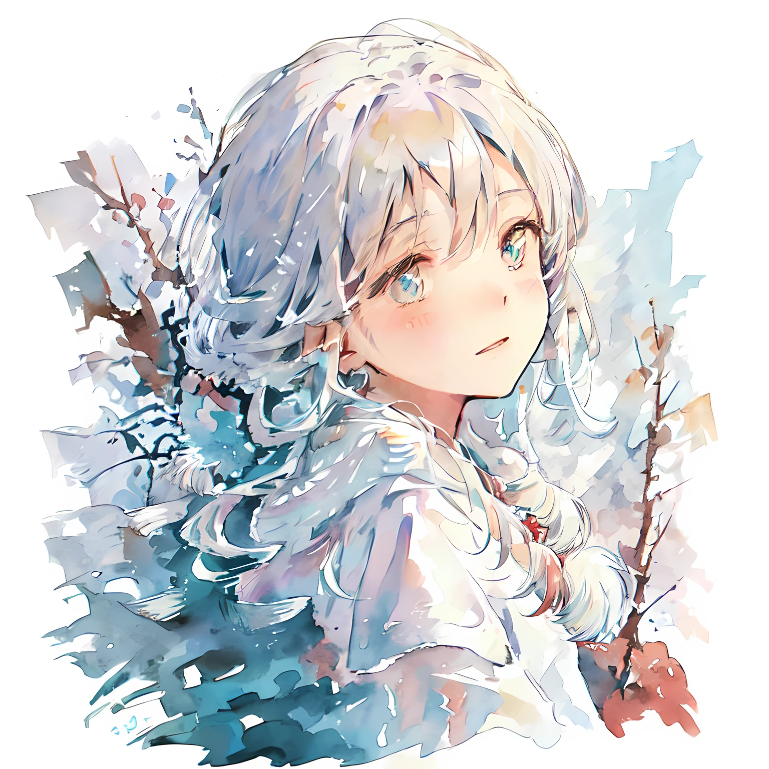 (best quality),(masterpiece:1.2), (colorful:0.9), (ink splashing),(color splashing),((watercolor)), clear sharp focus, model shot,
(portrait goddess of winter:1.5), cute expression,elegant white colored hair, beautyfull detailed face and eyes, elegant goddess clothing, winterforest background,
colorwater <lora:Colorwater_v4:1>