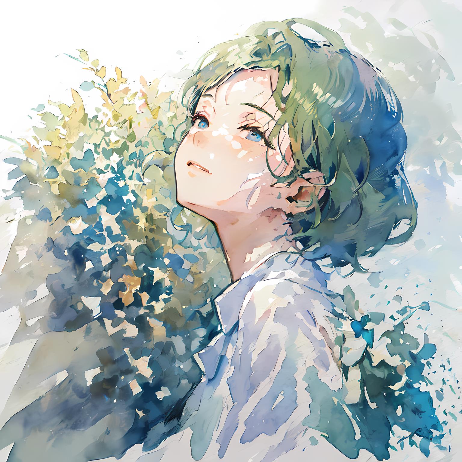 Anime girl with green hair and blue eyes looking up - SeaArt AI