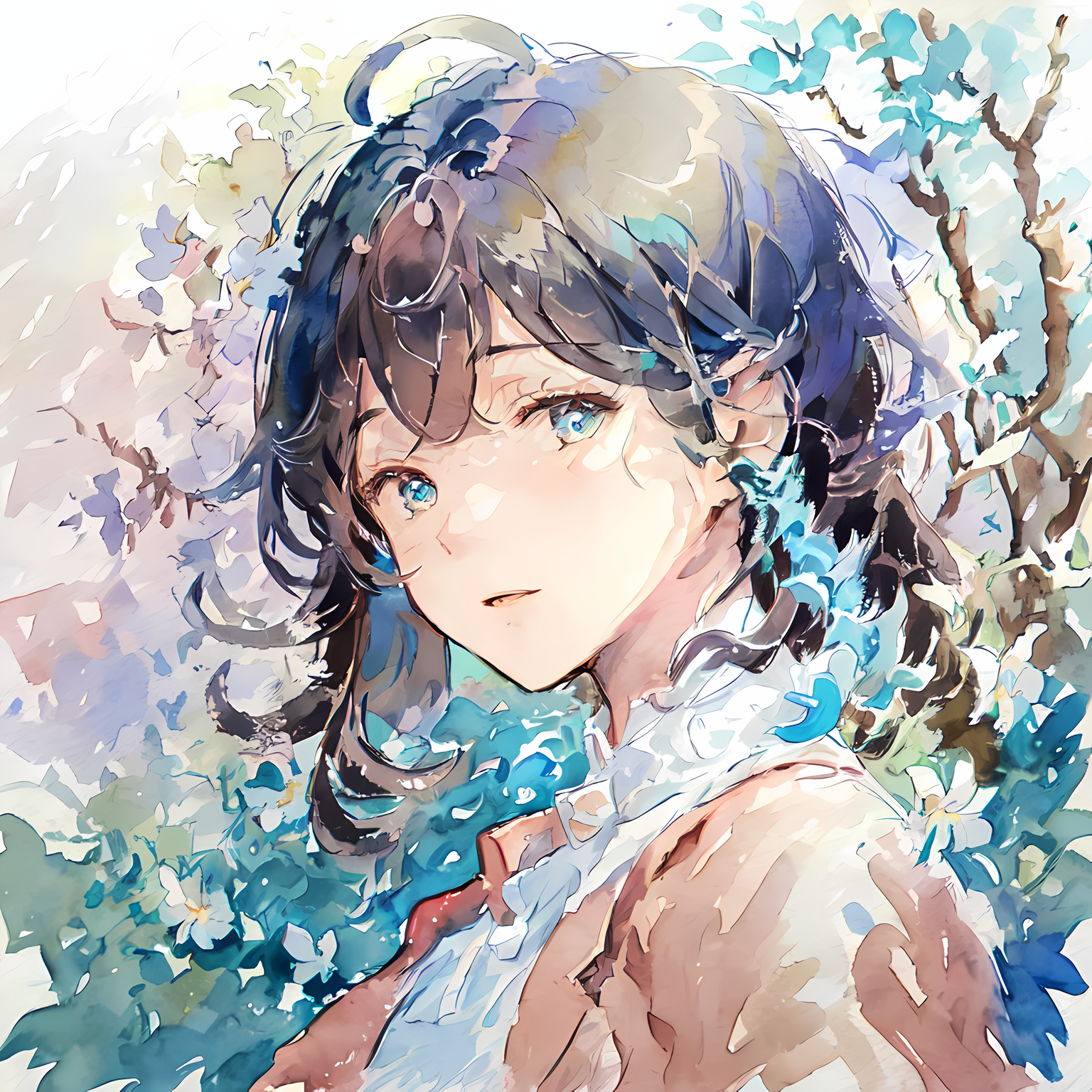 Anime girl with blue eyes and a white shirt and a tree - SeaArt AI
