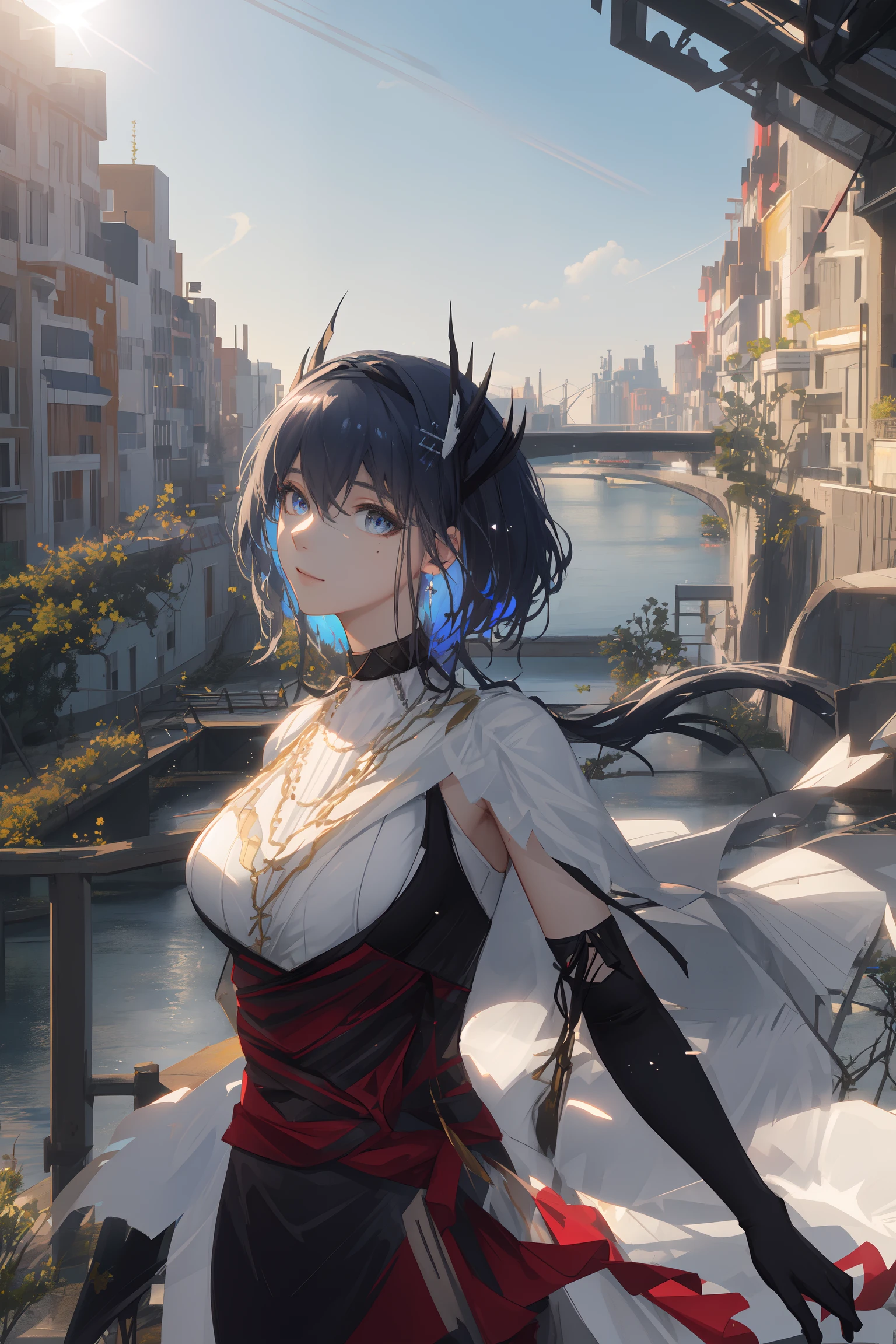 <lora:arknightsCantabile_v10:1>, cantabile \(arknights\), landscape of the canal city background, cinematic view, detailed, concept art, high detail, volumetric, vivid, beautiful, (clear blue sky), ((lens flare)), (colorful buildings:1.2), (red tiles roof, multiple color wall painting), (old Italia style building), (boats on canal), concrete bridge, (standing on canal bridge), (standing next to bridge fence), bridge fence, iron fences, (cold light), (flora on fences, flowers), (overgrown vines), (photorealistic:1.4), (masterpiece, sidelighting, finely detailed beautiful eyes: 1.2), realistic, 3d face, glowing eyes, shiny hair, long hair, (hair waving in the wind), lustrous skin, solo, embarassed, look at viewer, original_outfit, (black gloves), (elbow gloves), head, adult face, perfect lighting, (upper body), from side, cheerful, light smile