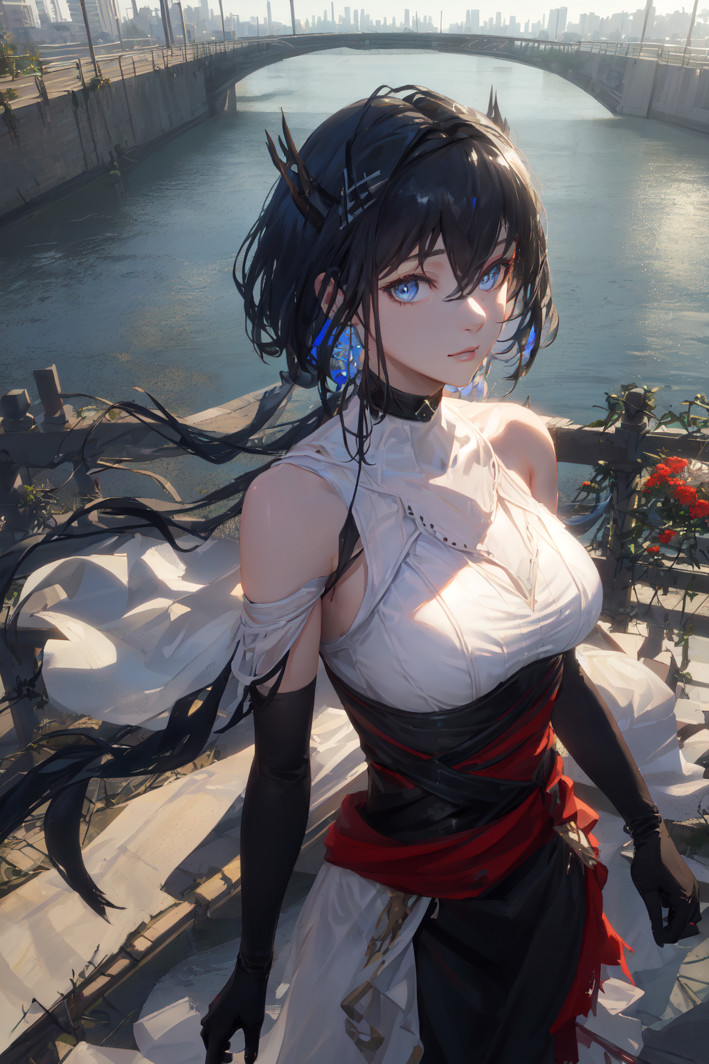 Anime girl with long black hair and white dress standing on steps ...