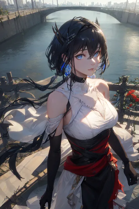 <lora:arknightsCantabile_v10:0.8>, cantabile \(arknights\), landscape of the canal city background, cinematic view, detailed, concept art, high detail, volumetric, godrays, vivid, beautiful, (clear blue sky), ((lens flare)), (colorful buildings), boats, concrete bridge, (standing on canal bridge), (standing next to bridge fence), bridge fence, iron fences, warm light, (flora on fences, flowers), (overgrown vines), (photorealistic:1.4), (masterpiece, sidelighting, finely detailed beautiful eyes: 1.2), realistic, 3d face, glowing eyes, shiny hair, long hair, (hair waving in the wind), lustrous skin, solo, embarassed, look at viewer, original_outfit, (black gloves), (elbow gloves), head, adult face, perfect lighting, (upper body), pov from above, cheerful