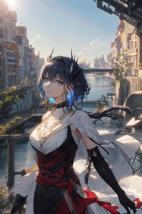 <lora:arknightsCantabile_v10:1>, cantabile \(arknights\), landscape of the canal city background, cinematic view, detailed, concept art, high detail, volumetric, vivid, beautiful, (clear blue sky), ((lens flare)), (colorful buildings:1.2), (red tiles roof, multiple color wall painting), (old Italia style building), (boats on canal), concrete bridge, (standing on canal bridge), (standing next to bridge fence), bridge fence, iron fences, (cold light), (flora on fences, flowers), (overgrown vines), (photorealistic:1.4), (masterpiece, sidelighting, finely detailed beautiful eyes: 1.2), realistic, 3d face, glowing eyes, shiny hair, long hair, (hair waving in the wind), lustrous skin, solo, embarassed, look at viewer, original_outfit, (black gloves), (elbow gloves), head, adult face, perfect lighting, (upper body), from side, cheerful, light smile