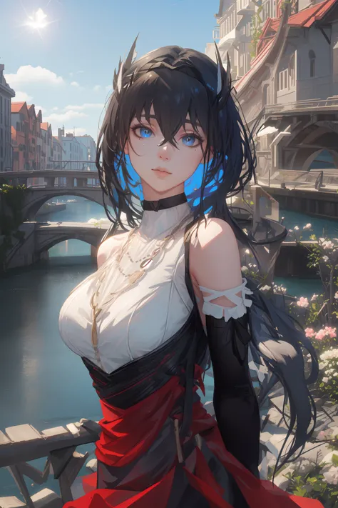 <lora:arknightsCantabile_v10:1>, cantabile \(arknights\), landscape of the canal city background, cinematic view, detailed, concept art, high detail, volumetric, vivid, beautiful, (clear blue sky), ((lens flare)), (colorful buildings:1.2), (red tiles roof, multiple color wall painting), (old Italia style building), (boats on canal), concrete bridge, (standing on canal bridge), (standing next to bridge fence), bridge fence, iron fences, (flora on fences, flowers), (overgrown vines), (photorealistic:1.4), (masterpiece, sidelighting, finely detailed beautiful eyes: 1.2), realistic, 3d face, glowing eyes, shiny hair, long hair, (hair waving in the wind), lustrous skin, solo, embarassed, look at viewer, original_outfit, (black gloves), (elbow gloves), head, adult face, perfect lighting, (upper body), cheerful, mile, (arms behind back:1.3)