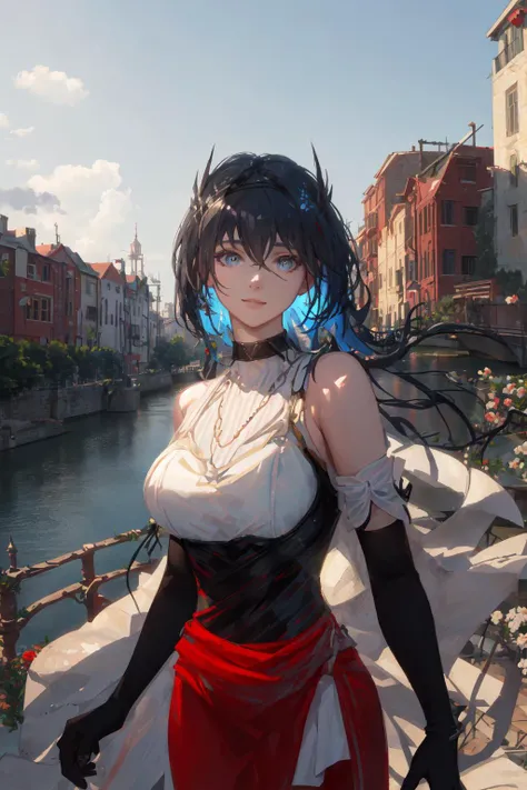 <lora:arknightsCantabile_v10:1>, cantabile \(arknights\), landscape of the canal city background, cinematic view, detailed, concept art, high detail, volumetric, vivid, beautiful, (clear blue sky), ((lens flare)), (colorful buildings:1.2), (red tiles roof, multiple color wall painting), (old Italia style building), (boats on canal), concrete bridge, (standing on canal bridge), (standing next to bridge fence), bridge fence, iron fences, (flora on fences, flowers), (overgrown vines), (photorealistic:1.4), (masterpiece, sidelighting, finely detailed beautiful eyes: 1.2), realistic, 3d face, glowing eyes, shiny hair, long hair, (hair waving in the wind), lustrous skin, solo, embarassed, look at viewer, original_outfit, (black gloves), (elbow gloves), head, adult face, perfect lighting, (upper body), cheerful, light smile