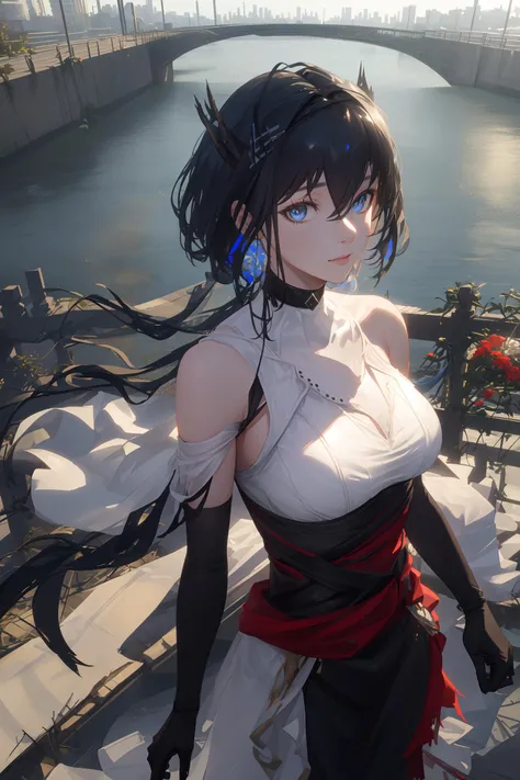 <lora:arknightsCantabile_v10:0.8>, cantabile \(arknights\), landscape of the canal city background, cinematic view, detailed, concept art, high detail, volumetric, godrays, vivid, beautiful, (clear blue sky), ((lens flare)), (colorful buildings), boats, concrete bridge, (standing on canal bridge), (standing next to bridge fence), bridge fence, iron fences, warm light, (flora on fences, flowers), (overgrown vines), (photorealistic:1.4), (masterpiece, sidelighting, finely detailed beautiful eyes: 1.2), realistic, 3d face, glowing eyes, shiny hair, long hair, (hair waving in the wind), lustrous skin, solo, embarassed, look at viewer, original_outfit, (black gloves), (elbow gloves), head, adult face, perfect lighting, (upper body), pov from above, cheerful