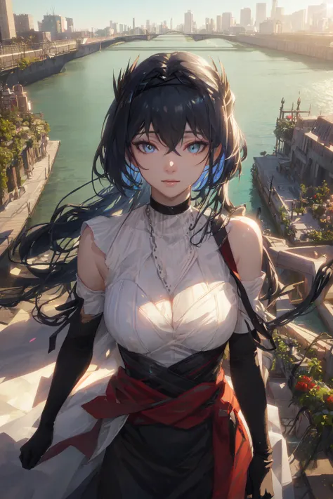 <lora:arknightsCantabile_v10:0.8>, cantabile \(arknights\), landscape of the canal city background, cinematic view, detailed, concept art, high detail, volumetric, godrays, vivid, beautiful, (clear blue sky), ((lens flare)), (colorful buildings), boats, concrete bridge, (standing on canal bridge), (standing next to bridge fance), bridge fence, iron fences, warm light, (flora on fences, flowers), (overgrown vines), (photorealistic:1.4), (masterpiece, sidelighting, finely detailed beautiful eyes: 1.2), realistic, 3d face, glowing eyes, shiny hair, long hair, (hair waving in the wind), lustrous skin, solo, embarassed, look at viewer, original_outfit, (black gloves), (elbow gloves), head, adult face, perfect lighting, (upper body), pov from above, cheerful