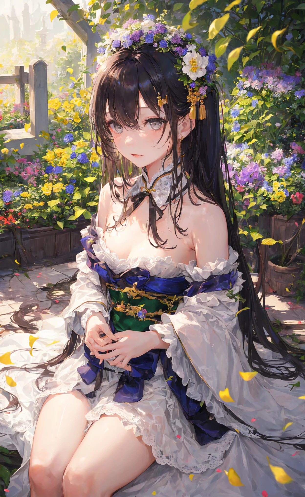 ( girl:1.5),lace,ribbon,hanfu,(masterpiece, sidelighting, finely detailed beautiful gray eyes: 1.2), masterpiece, realistic, glowing eyes,shiny hair,black hair,long long hair, lustrous skin, solo, embarassed,Strapless,exquisite,beautifly,garden,flowers,flying petals,