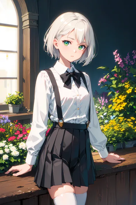 <(masterpiece:1.3), (best quality:1.2)>, (collared shirt:1.6), <high resolution illustration, coloful, chromatic aberration, intricate details, (cinematic light, rim lighting), (beautiful and clear background), depth of field, (finely detailed face), (prettyface)>, scenery, white shirt, (white kneesocks:1.3), beautiful garden, detailed garden, window, garden, flowers, dynamic_pose, light_particles, 1girl, cowboy shot, solo, (white_hair, short_hair, green eyes):1.2, looking at viewer, (black pleated skirt, black suspenders:1.4), (beautiful small city, detailed small city, steampunk, many object),