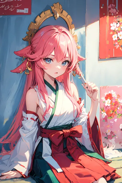 1girl, pink hair, miko, wallpaper, high contrast, colorful,