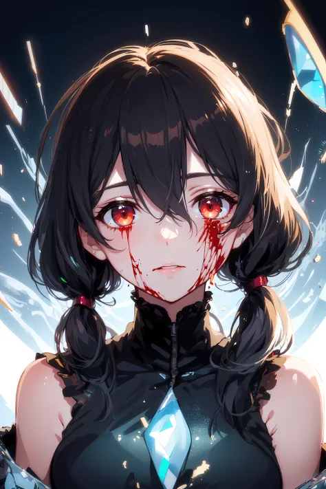 (masterpiece:1.2, best quality), (finely detailed beautiful eyes: 1.2), (detailed background,dark fantasy), (beautiful detailed face), high contrast, (best illumination, an extremely delicate and beautiful), ((cinematic light)), colorful, hyper detail, dramatic light, intricate details, (1 girl, solo,black hair, sharp face,low twintails,red eyes, hair between eyes,dynamic angle), (blood splatter:1.4), swirling black light around the character, depth of field,black light particles,(broken glass),magic circle,